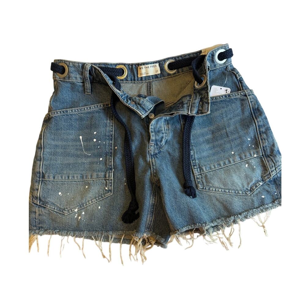 Free People We The Free Moxie Shorts 27 NWT Button Fly Paint Splat Utility Denim